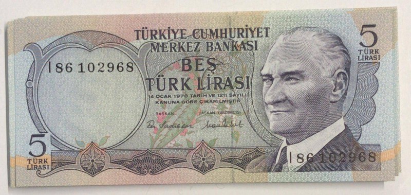 Turkey, 5 Lıra, 1968/76, UNC, p185, 7.EMİSSION
27 pcs I -K letters
Estimate: 2...