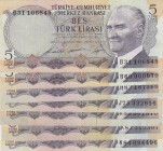 Turkey, 5 Lira , 1968/1976, XF/AUNC, p179, p185, (Total 7 banknotes)
Prefix numbers: B31- B60-H83-J75-K80-K83-K84
Estimate: 10-20 USD