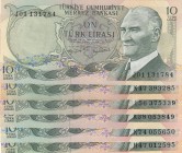 Turkey, 10 Lira, 1975, Different conditions between AUNC and XF, p186, 
total 6 banknotes, Serial Number: H47 012595, K74055650, K38053849, I56375339...