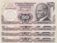 Turkey, 50 Lira, 1976, AUNC - UNC, p187a, (Total 4 banknotes)
Prefix numbers: G78-I08-J04
Estimate: 10-20 USD