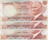 Turkey, 20 Lira, 1979, UNC, p187a, total 3 banknotes
 Serial Number: G50,F45,H07
Estimate: 10-20 USD