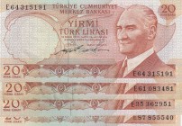 Turkey, 20 Lira, 1979, Different conditions between AUNC and POOR, P187a, total 4 banknotes
 Serial Number: E87, E35, E61, E64
Estimate: 10-20 USD