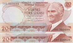 Turkey, 20 Lira, 1983, UNC, p187b, 6. Emission 2 banknotes
 Serial Number: I01 553694, I90 308820
Estimate: 10-20 USD