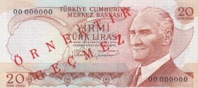 Turkey, 20 Lira, 1983, UNC, p187b, SPECIMEN
on the front of the banknote, "ÖRNEKTİR GEÇMEZ" in the sense of specimen, and as such is very rare., Seri...