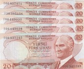 Turkey, 20 Lira, 1983, UNC, p187b, (Total 5 banknotes)
prefix numbers: I38-I06-I06-I06-I06, some banknotes are in series follow-up
Estimate: 10-20 U...