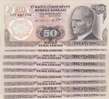 Turkey, 50 Lira, 1976, XF / UNC, p188, 
Total 9 banknotes, "I17" XF, others UNC, Serial Number: I17,G56,H573,H62,G89,
Estimate: 15-30 USD