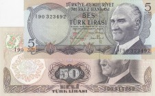 Turkey, UNC, 6. Emission 2 banknotes
5 Lira, 1976, "I90" p185; 50 Lira, 1983, "I90", p188, Serial Number: I90 323492, I90 315269
Estimate: 10-20 USD