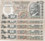 Turkey, 100 Lira, 1972, XF, p189a, 
total 5 banknotes, Serial Number: B29,C41, C05,F20
Estimate: 10-20 USD
