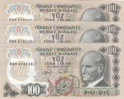 Turkey, 100 Lira, 1979, UNC, p189, (Total 3 banknotes)
 Serial Number: H69 474249, H69 474246 ve H69 474347
Estimate: 15-30 USD