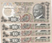 Turkey, 100 Lira, 1979, XF, p189, 
Total 4 banknotes, Serial Number: G68948445, G68948446, I02482907, H66926923
Estimate: 20-40 USD
