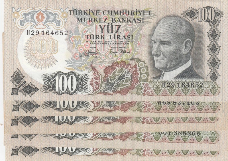 Turkey, 100 Lira, 1972/83, UNC, p189, 6.EMİSSION
5 pcs mix letters
Estimate: 1...