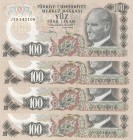 Turkey, 100 Lira, 1983, XF, p189, 
Total 4 banknotes, Serial Number: J39145108, J29235073, J29235072, J02016405
Estimate: 20-40 USD