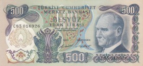Turkey, 500 Lira, 1971, AUNC, p190a, 
Very rare, there is a stain on the banknote, pressed, Serial Number: C85016926
Estimate: 80-160 USD