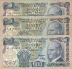 Turkey, 500 Lira, 1971, FINE, p190a, 
Total 3 banknotes, Serial Number: A21 020481, B34 0888031, C36 080579
Estimate: 30-60 USD