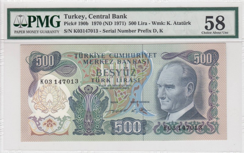 Turkey, 500 Lira, 1974, AUNC, p190b, "K03"
PMG 58, Serial Number: K03 147013
E...