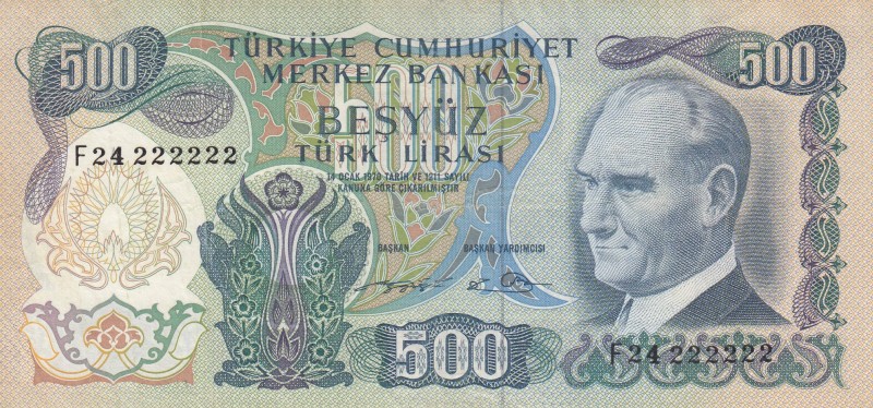 Turkey, 500 Lira, 1974, XF, p190c, RADAR
 Serial Number: F24 222222
Estimate: ...