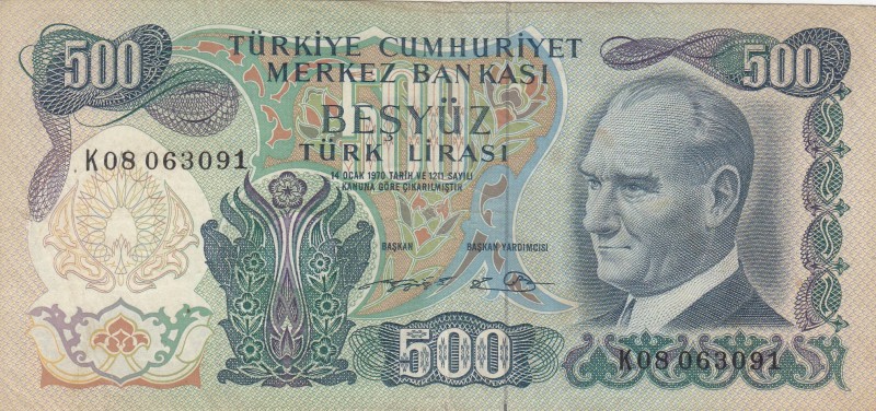 Turkey, 500 Lira, 1974, VF (+), p190b, RARE PREFİX
 Serial Number: K08 063091
...