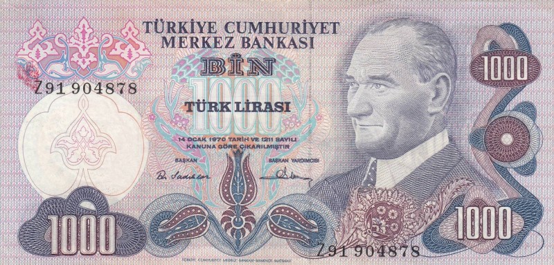 Turkey, 1.000 Lira, 1978, XF, p191, 
REPLACEMENT, Serial Number: Z91 904878
Es...