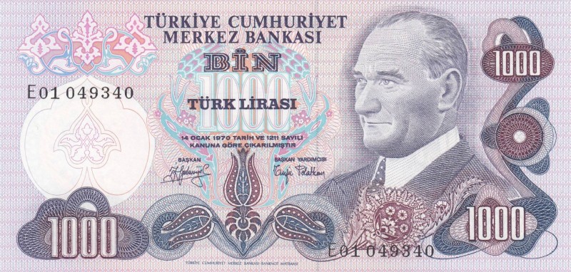 Turkey, 1000 Lira , 1979, UNC, p191, 
 Serial Number: E01 049340
Estimate: 30-...