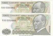 Turkey, 10 Lira, 1979, UNC, p192, 2 consecutive serial number, 7/1 Emission
Long eyebrow (Atatürk Portraid), there is a counting trace at the corner....