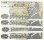 Turkey, 10 Lira, 1979/82, UNC, p192/p193, 
Total 4 banknotes, Serial Number: A37 819896, B46 598537, C73 726620, D28 120289
Estimate: 10-20 USD