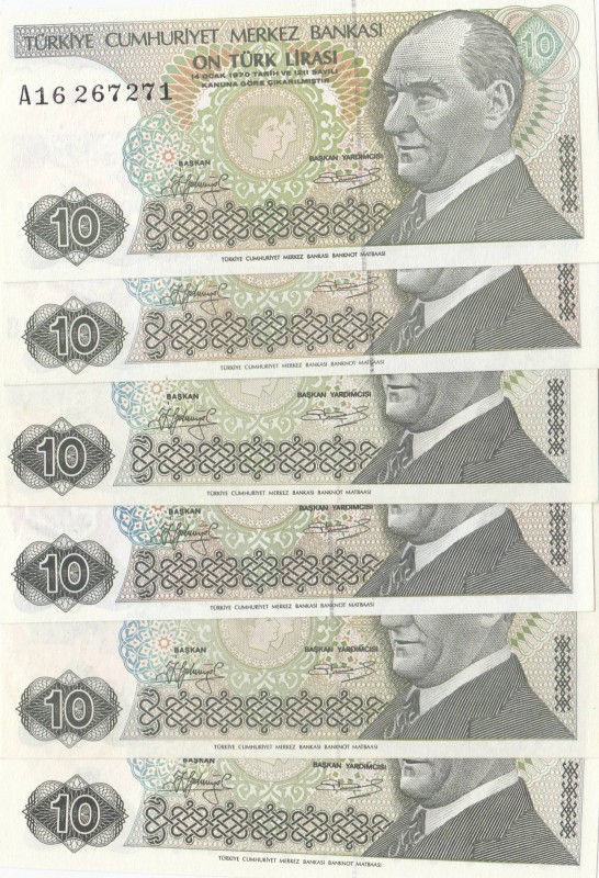 Turkey, 10 Lira , 1979, UNC, p192, (Total 6 banknotes)
prefix numbers: A59- A16...