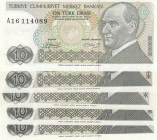 Turkey, 10 Lira, 1979/82, UNC, p192/p193, 
Total 5 banknotes, Serial Number: A16 114089, B41 385311, C54 708838, D19 800403, E21 191589
Estimate: 10...