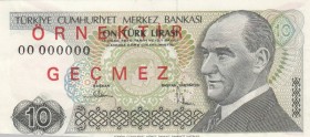 Turkey, 10 Lira , 1982, UNC, p193, SPECIMEN
on the front of the banknote, "ÖRNEKTİR GEÇMEZ" in the sense of specimen, and as such is very rare., Seri...