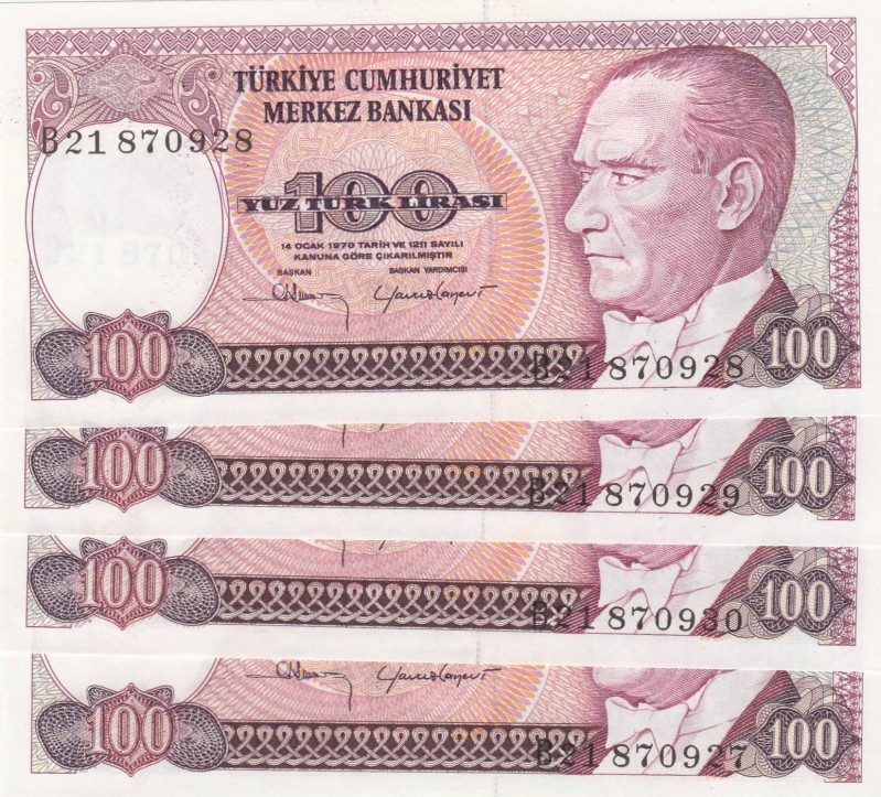 Turkey, 100 Lira, 1984, UNC, p194, total 4 banknotes
Consecutive serial number ...