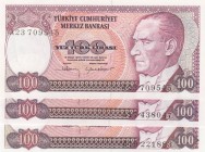 Turkey, 100 Lira, 1983, UNC, p194, 7. Emission 
Total 3 banknotes, Serial Number: A17 438047, A79 221883, A23 709545
Estimate: 10-20 USD