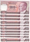 Turkey, 100 Lira, 1983, UNC, p194, total 10 banknotes
Consecutive serial number banknotes, Serial Number: E53 871786-87-88-89-90-91-92-93-94-95
Esti...