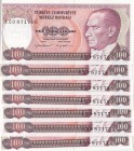 Turkey, 100 Lira, 1983, UNC, p194, total 7 banknotes
Consecutive serial number banknotes, Serial Number: E53 871766-67-68-69-70-71-72
Estimate: 15-3...