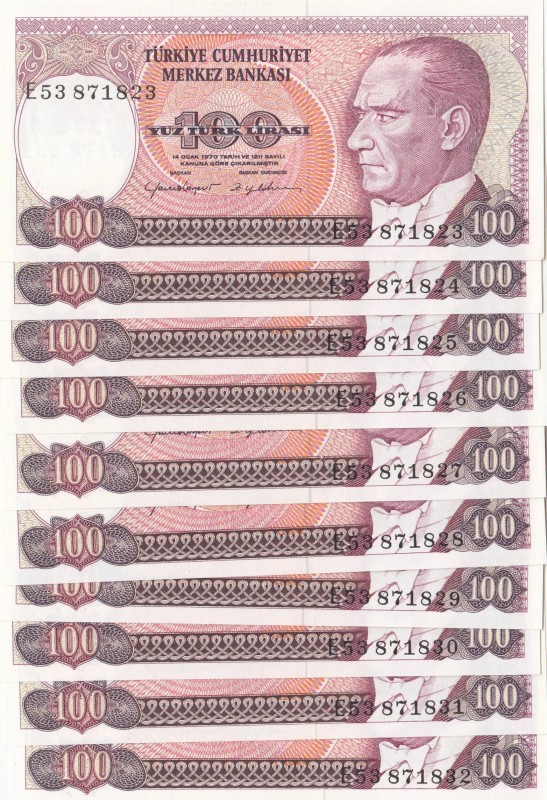 Turkey, 100 Lira, 1983, UNC, p194, total 10 banknotes
Consecutive serial number...