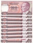 Turkey, 100 Lira, 1983, UNC, p194, total 9 banknotes
Consecutive serial number banknotes, Serial Number: E53 871843-44-45-46-47-48-49-50-51
Estimate...