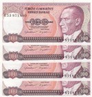 Turkey, 100 Lira, 1984, UNC, p194, total 4 banknotes
 Serial Number: E53 871875-79-80
Estimate: 10-20 USD