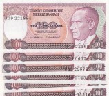 Turkey, 100 Lira, 1983/84, UNC, p194, 
Total 6 banknotes, Serial Number: A79 221884, B04 063743, C53 225767, D10 074558, E44 292071, F04 353463
Esti...