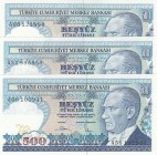 Turkey, 500 Lira, 1983, UNC, p195, 7. Emission 
Total 3 banknotes, Serial Number: A05 121884, A32 895959, A56 102941
Estimate: 10-20 USD