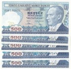 Turkey, 500 Lira, 1983/84, UNC, p195, 
Total 5 banknotes, Serial Number: A56 102623, B05 89891, C18 907423, D04 113146, E40 086140
Estimate: 15-30 U...