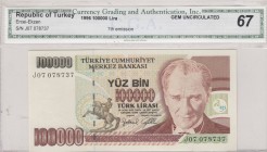 Turkey, 100.000 Lira, 1996, UNC, p205c, 
C.G.A. 67 Certificate, Serial Number: J07 078737
Estimate: 15-30 USD