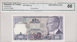 Turkey, 1000 Lira , 1986, UNC, p196, 
C.G.A. 66 Certificate, Serial Number: E27 270699
Estimate: 20-40 USD