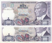 Turkey, 1.000 Lira, 1988, UNC (-), p196, 
Total 2 banknotes, Serial Number: D01 698673, I90 492209
Estimate: 10-20 USD