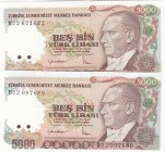 Turkey, 5.000 Lira, 1985, UNC, p197, 
 Serial Number: B72671622
Estimate: 10-20 USD