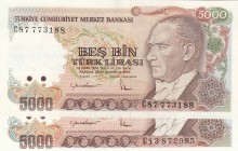 Turkey, 5.000 Lira, 1985, AUNC, p197, 7. Emission 
Different watermark, Serial Number: C13 872985, C87 773188
Estimate: 10-20 USD