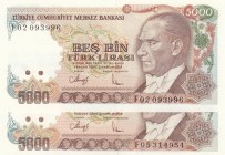Turkey, 5.000 Lira, 1988, UNC, p197, 
Total 2 banknotes, Serial Number: F02 093996, F05314954
Estimate: 10-20 USD