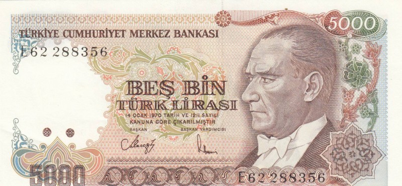 Turkey, 5.000 Lira, 1988, UNC, p197, 
 Serial Number: E62 288356
Estimate: 10-...