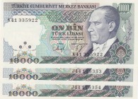 Turkey, 10.000 Lira, 1993, UNC, p200, total 3 banknotes
 Serial Number: K41 335922, J44 179353-54
Estimate: 10-20 USD
