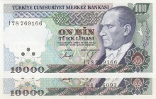 Turkey, 10.000 Lira, 1993, UNC, p200, 7. Emission 
White and yellow paper, Serial Number: I7869166, I84 406093
Estimate: 10-20 USD