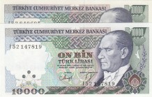 Turkey, 10.000 Lira, 1993, UNC, p200, 7. Emission 
White and yellow paper, Serial Number: I52 147819, I82 849695
Estimate: 10-20 USD