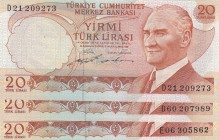 Turkey, 20 Lira, 1988, UNC, p201, (Total 3 banknotes)
Prefix numbers: D21, D60, E06, Serial Number: d21 209273, D60 207989, E06 305862
Estimate: 10-...