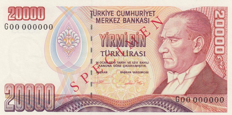 Turkey, 20.000 Lira, 1995, UNC, p202, SPECIMEN
 Serial Number: G00 000000
Esti...